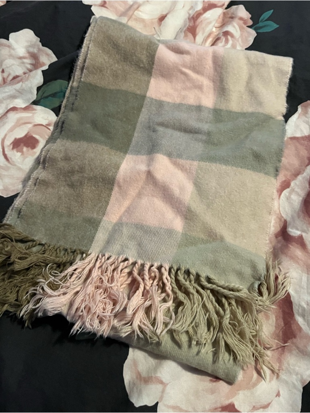 Charming Charlie Pink and Taupe Plaid Fringe Scarf